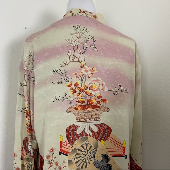 Citron 100% Silk Button Up Asian Inspired Tunic Blouse Women’s M Floral Mandarin - Picture 16 of 17